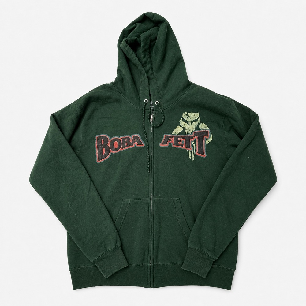 Disney Parks Boba Fett Hoodie Mens Small Green Star Wars Full Zip Graphic